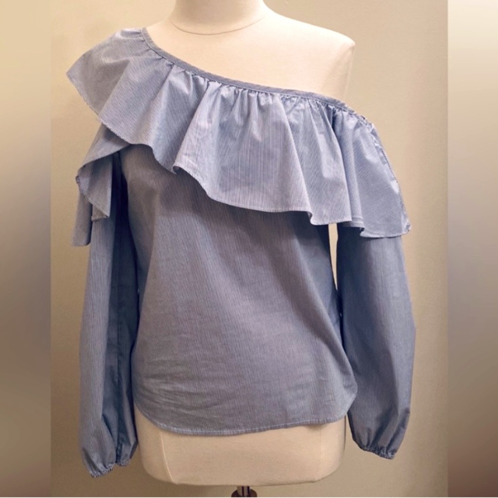 Belle Sky Blue White Preppy Pinstripe SZ S Coastal Boho One Shoulder Ruffle Top